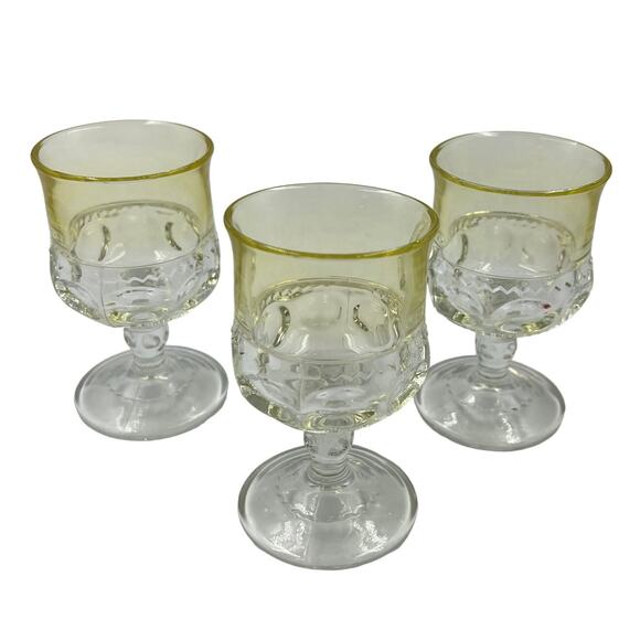 Vintage Set Crown Thumbprint Yellow & Clear Cordial Sherry Stemmed Wine Glasses - Picture 1 of 8